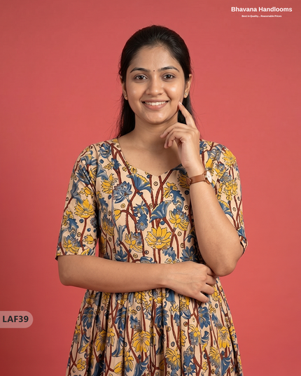 Feeding Frock with Kalamkari Design – Beige Color | Invisible Zips | Half Lining Maternity Wearb