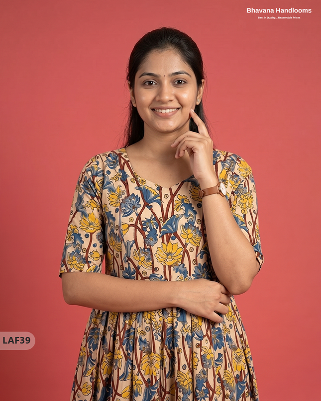 Feeding Frock with Kalamkari Design – Beige Color | Invisible Zips | Half Lining Maternity Wearb