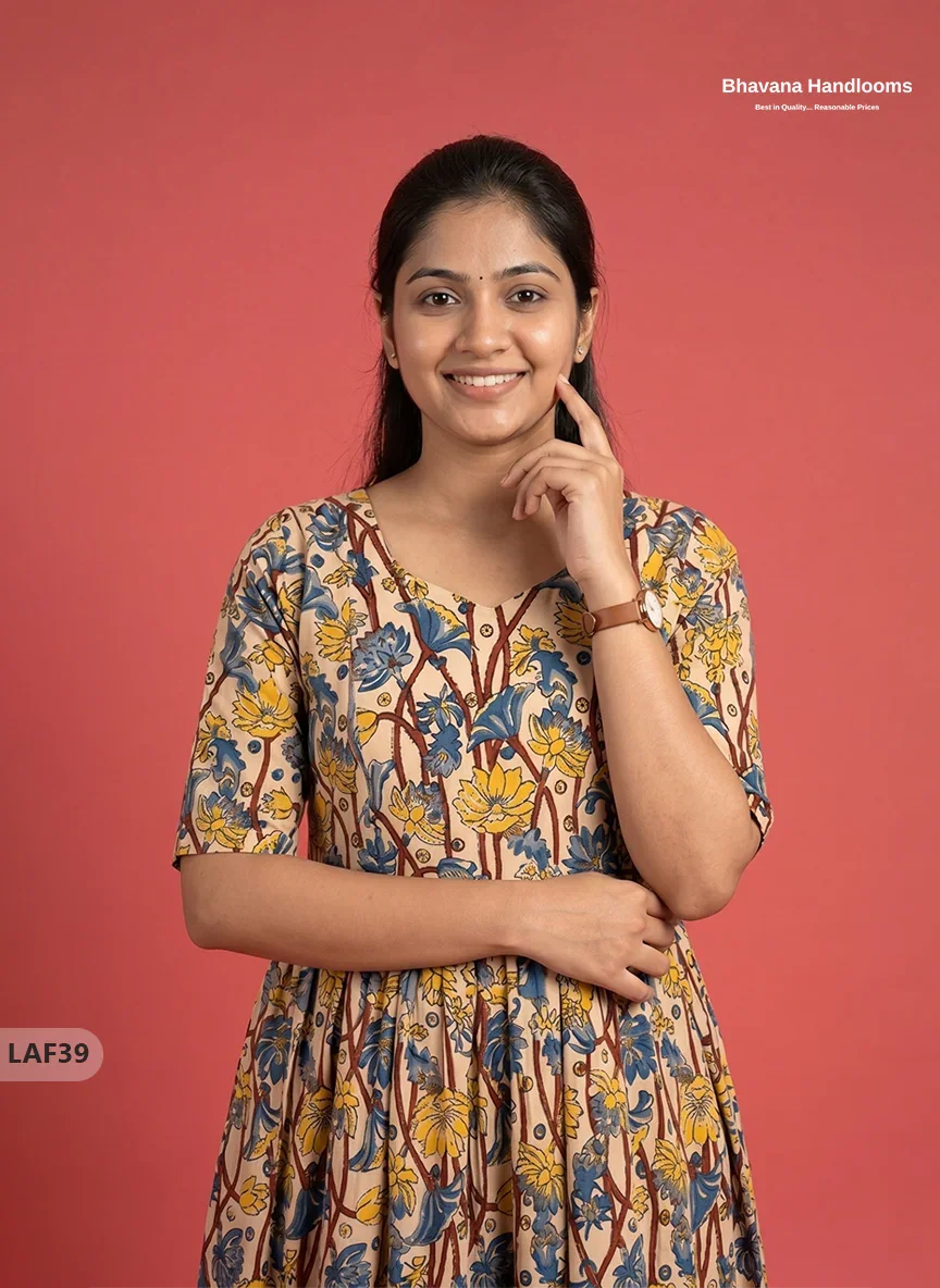 Feeding Frock with Kalamkari Design – Beige Color | Invisible Zips | Half Lining Maternity Wearb