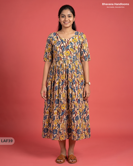Feeding Frock with Kalamkari Design – Beige Color | Invisible Zips | Half Lining Maternity Wearb