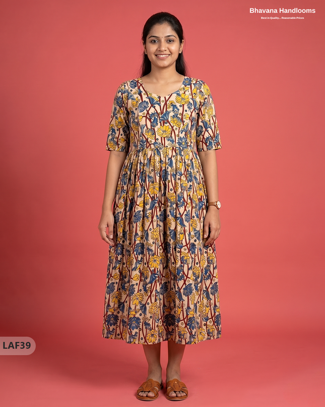 Feeding Frock with Kalamkari Design – Beige Color | Invisible Zips | Half Lining Maternity Wearb