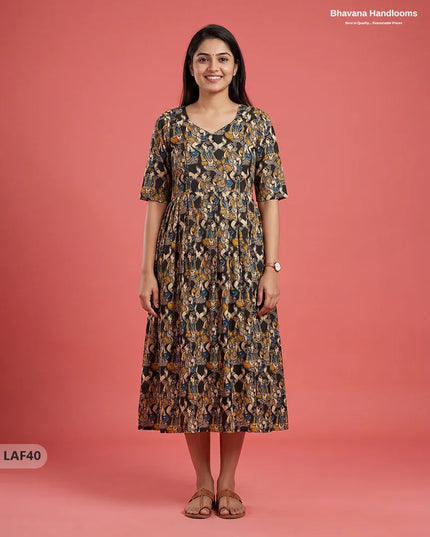 Feeding Frock with Kalamkari Design – Black Color | Invisible Zips | Half Lining Maternity Wear