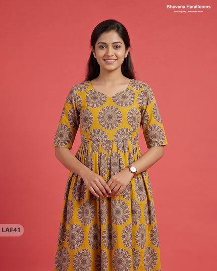 Feeding Frock with Kalamkari Design – Yellow Color | Invisible Zips | Half Lining Maternity Wear