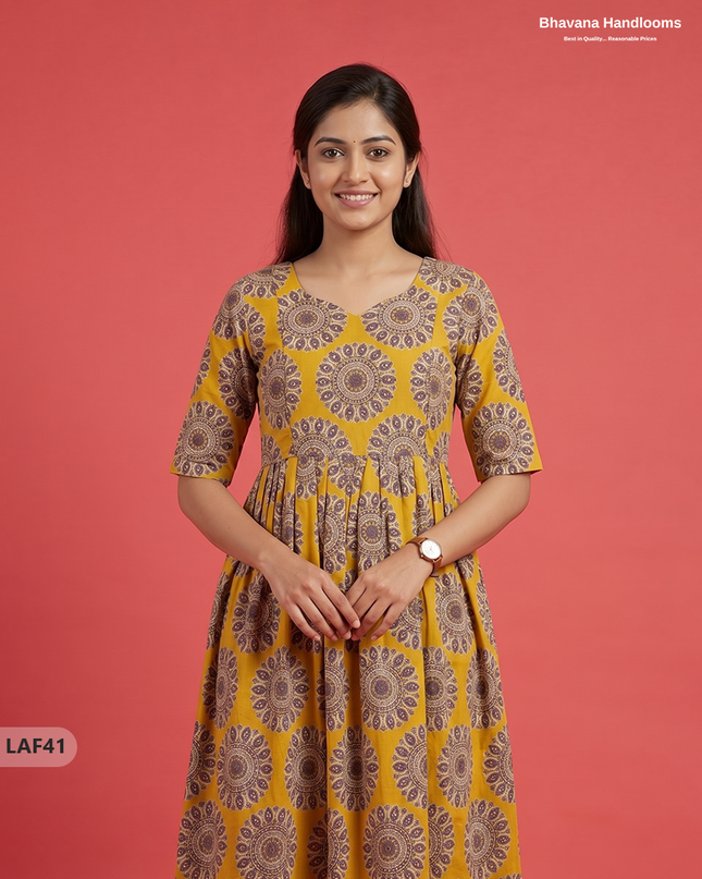 Feeding Frock with Kalamkari Design – Yellow Color | Invisible Zips | Half Lining Maternity Wear
