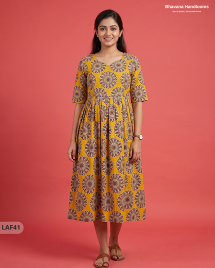 Feeding Frock with Kalamkari Design – Yellow Color | Invisible Zips | Half Lining Maternity Wear