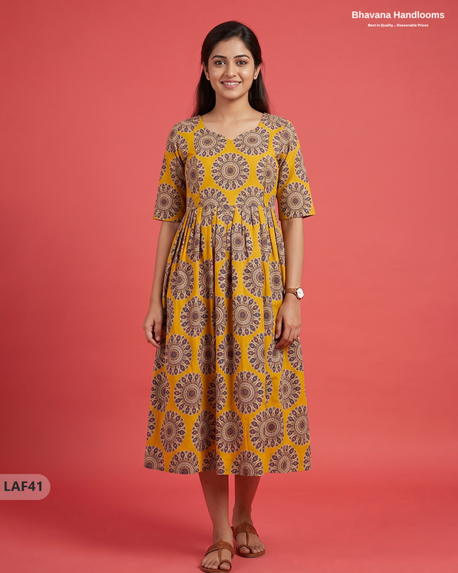 Feeding Frock with Kalamkari Design – Yellow Color | Invisible Zips | Half Lining Maternity Wear