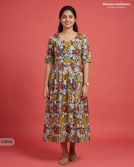 Feeding Frock with Kalamkari Design – Blue Color | Invisible Zips | Half Lining Maternity Wear