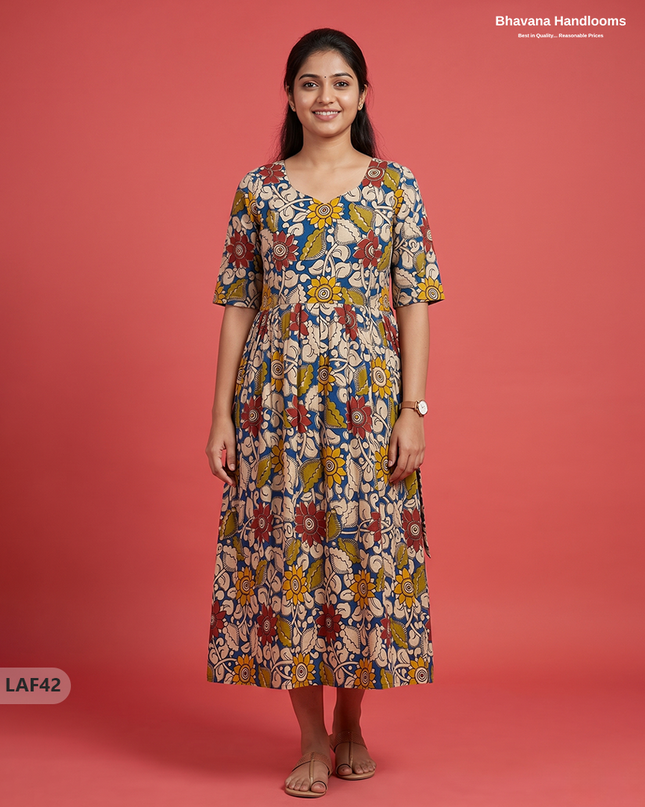 Feeding Frock with Kalamkari Design – Blue Color | Invisible Zips | Half Lining Maternity Wear