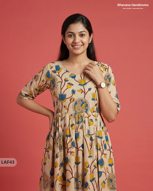 Feeding Frock with Kalamkari Design – Beige Color | Invisible Zips | Half Lining Maternity Wearb