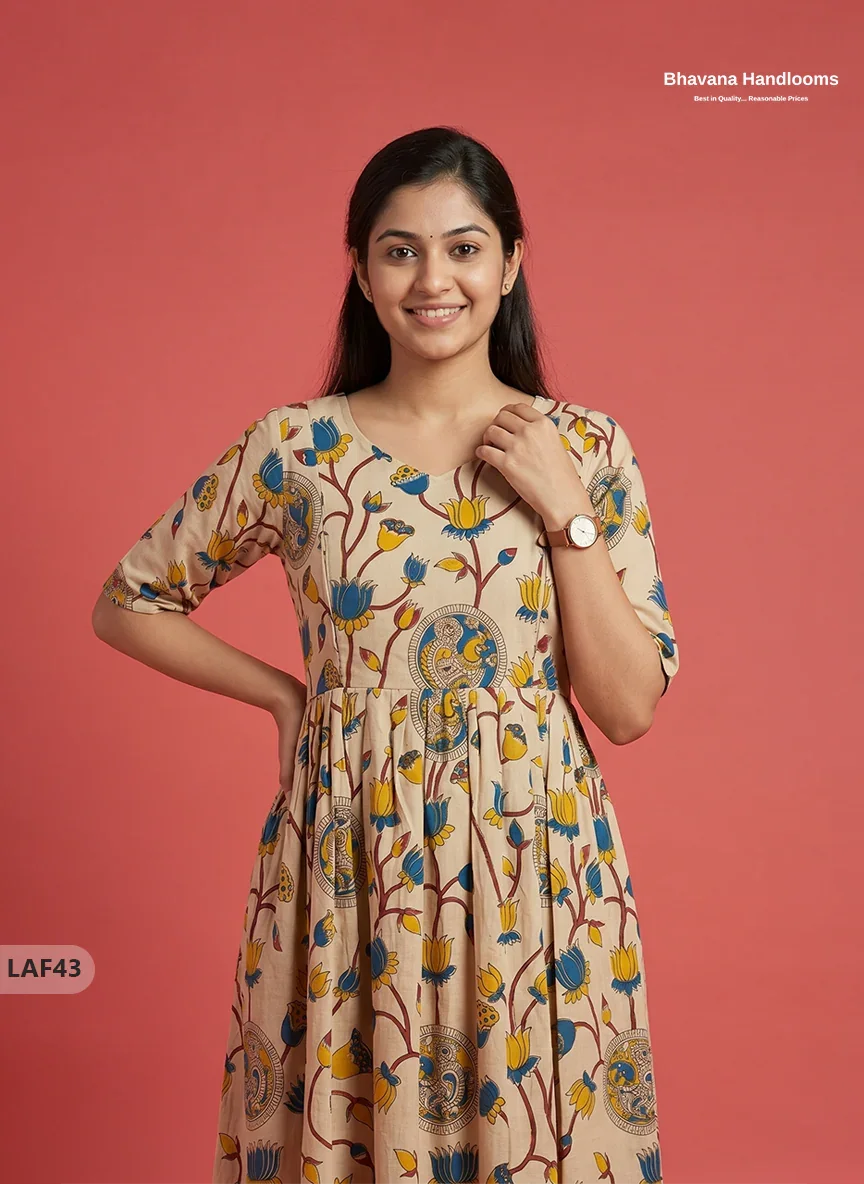 Feeding Frock with Kalamkari Design – Beige Color | Invisible Zips | Half Lining Maternity Wearb