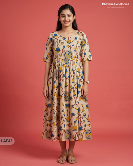 Feeding Frock with Kalamkari Design – Beige Color | Invisible Zips | Half Lining Maternity Wearb