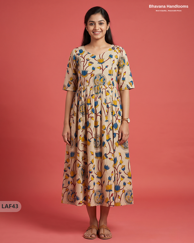 Feeding Frock with Kalamkari Design – Beige Color | Invisible Zips | Half Lining Maternity Wearb