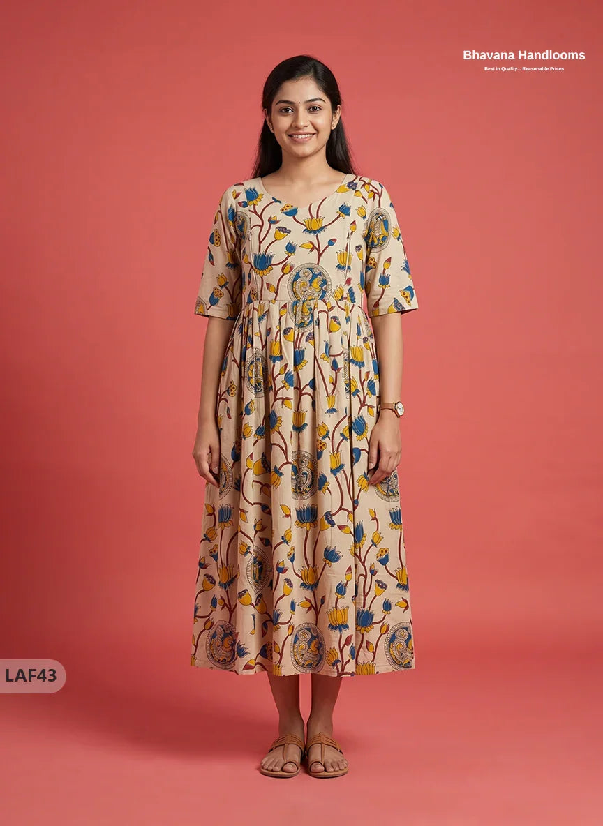 Feeding Frock with Kalamkari Design – Beige Color | Invisible Zips | Half Lining Maternity Wearb