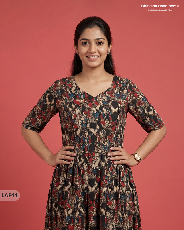 Feeding Frock with Kalamkari Design – Black Color | Invisible Zips | Half Lining Maternity Wearb