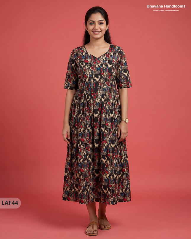 Feeding Frock with Kalamkari Design – Black Color | Invisible Zips | Half Lining Maternity Wearb
