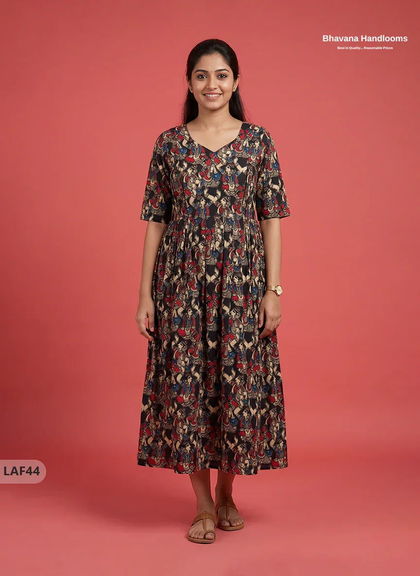Feeding Frock with Kalamkari Design – Black Color | Invisible Zips | Half Lining Maternity Wearb