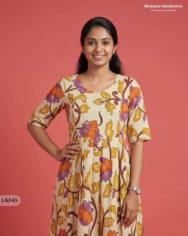 Feeding Frock with Kalamkari Design – Beige Color | Invisible Zips | Half Lining Maternity Wearb