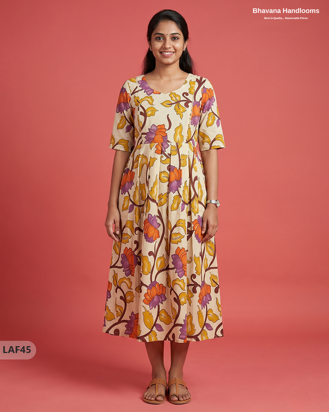 Feeding Frock with Kalamkari Design – Beige Color | Invisible Zips | Half Lining Maternity Wearb