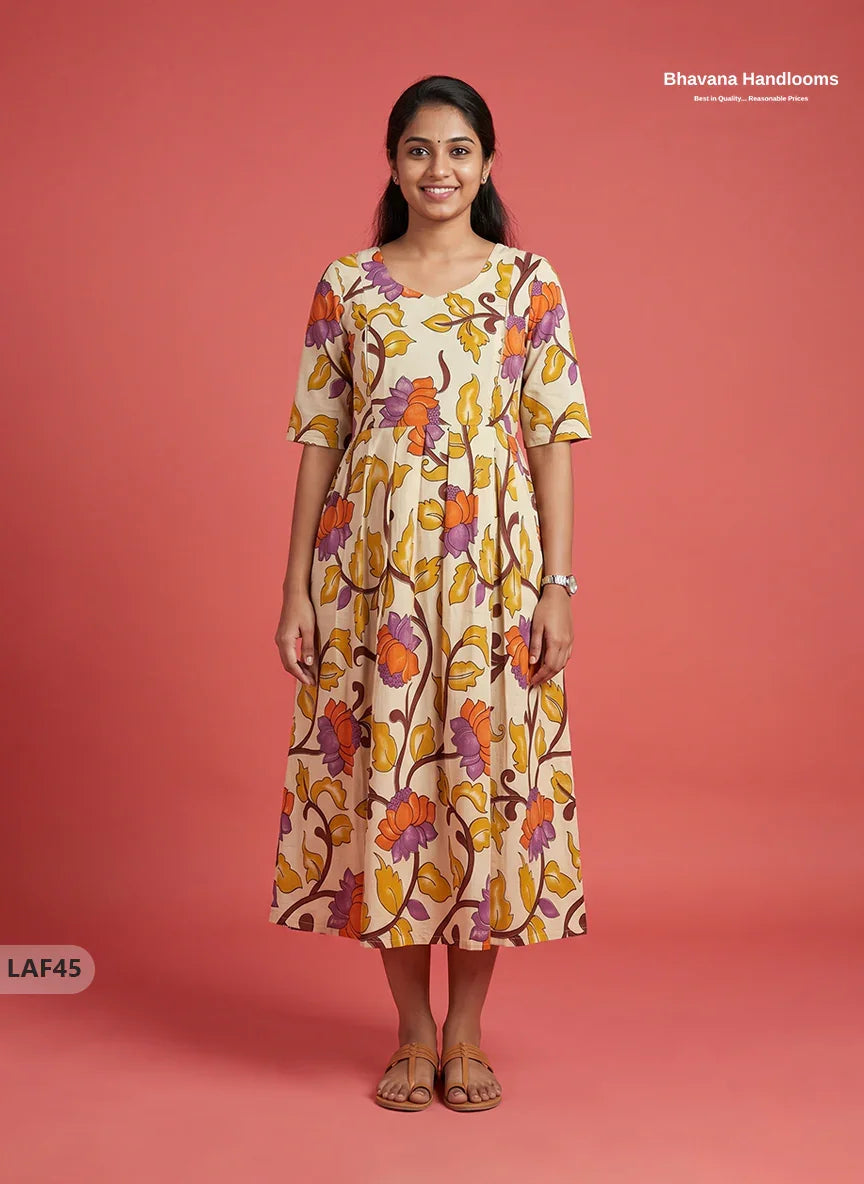 Feeding Frock with Kalamkari Design – Beige Color | Invisible Zips | Half Lining Maternity Wearb
