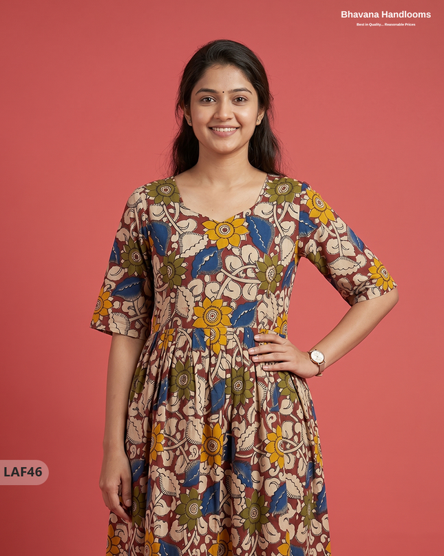 Feeding Frock with Kalamkari Design – Maroon Color | Invisible Zips | Half Lining Maternity Wearb