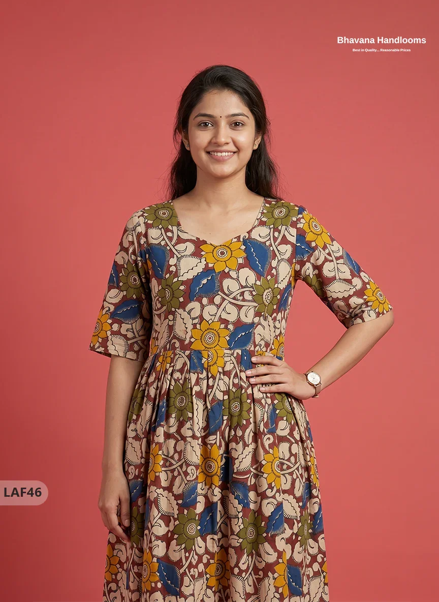 Feeding Frock with Kalamkari Design – Maroon Color | Invisible Zips | Half Lining Maternity Wearb