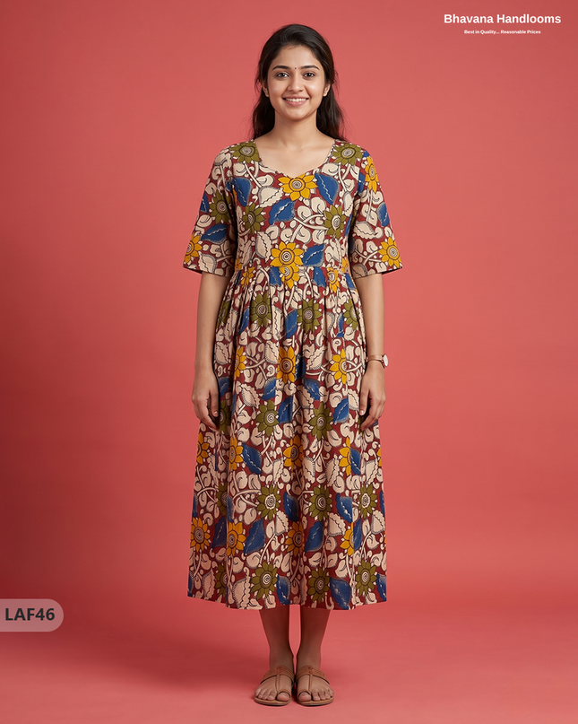 Feeding Frock with Kalamkari Design – Maroon Color | Invisible Zips | Half Lining Maternity Wearb