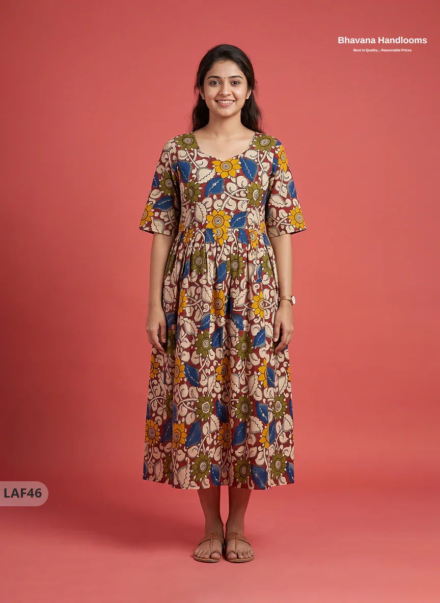 Feeding Frock with Kalamkari Design – Maroon Color | Invisible Zips | Half Lining Maternity Wearb