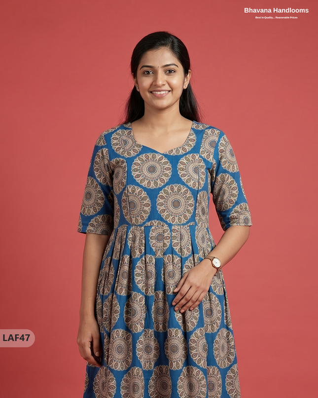Feeding Frock with Kalamkari Design – Blue Color | Invisible Zips | Half Lining Maternity Wearb