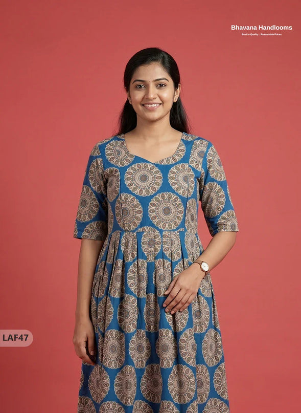 Feeding Frock with Kalamkari Design – Blue Color | Invisible Zips | Half Lining Maternity Wearb