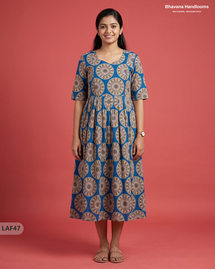 Feeding Frock with Kalamkari Design – Blue Color | Invisible Zips | Half Lining Maternity Wearb