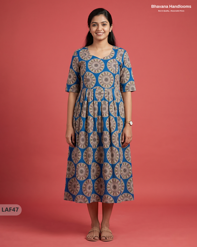 Feeding Frock with Kalamkari Design – Blue Color | Invisible Zips | Half Lining Maternity Wearb