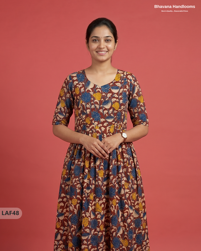 Feeding Frock with Kalamkari Design – Maroon Color | Invisible Zips | Half Lining Maternity Wearb