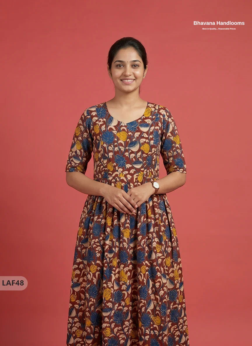 Feeding Frock with Kalamkari Design – Maroon Color | Invisible Zips | Half Lining Maternity Wearb