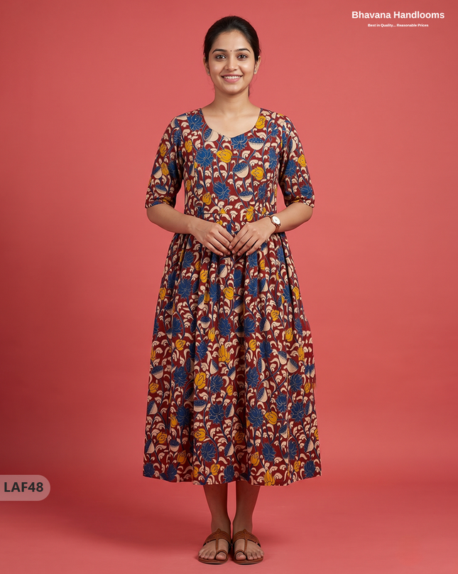 Feeding Frock with Kalamkari Design – Maroon Color | Invisible Zips | Half Lining Maternity Wearb