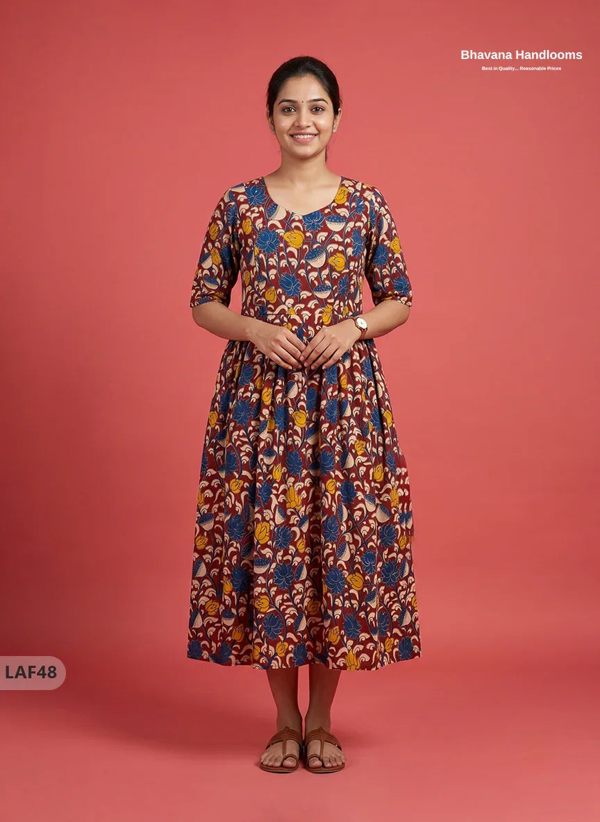 Feeding Frock with Kalamkari Design – Maroon Color | Invisible Zips | Half Lining Maternity Wearb