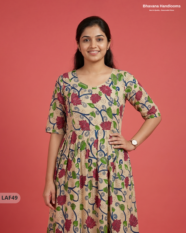 Feeding Frock with Kalamkari Design – Beige Color | Invisible Zips | Half Lining Maternity Wearb