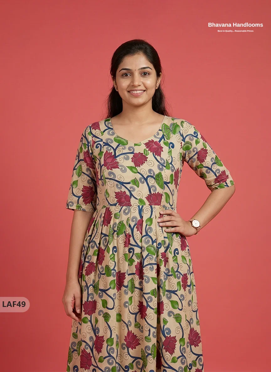Feeding Frock with Kalamkari Design – Beige Color | Invisible Zips | Half Lining Maternity Wearb