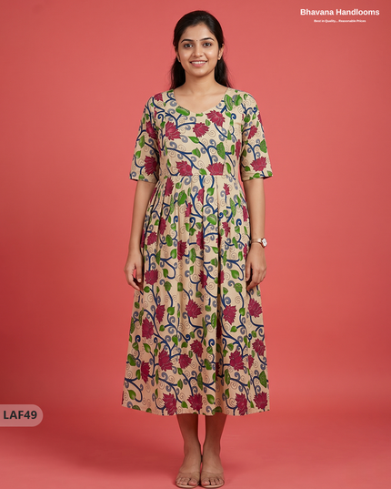 Feeding Frock with Kalamkari Design – Beige Color | Invisible Zips | Half Lining Maternity Wearb