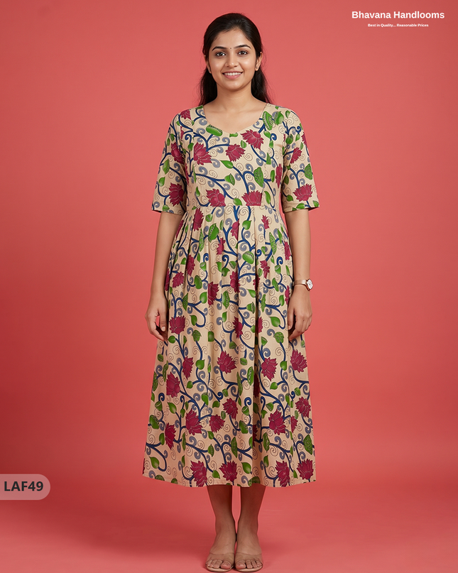 Feeding Frock with Kalamkari Design – Beige Color | Invisible Zips | Half Lining Maternity Wearb
