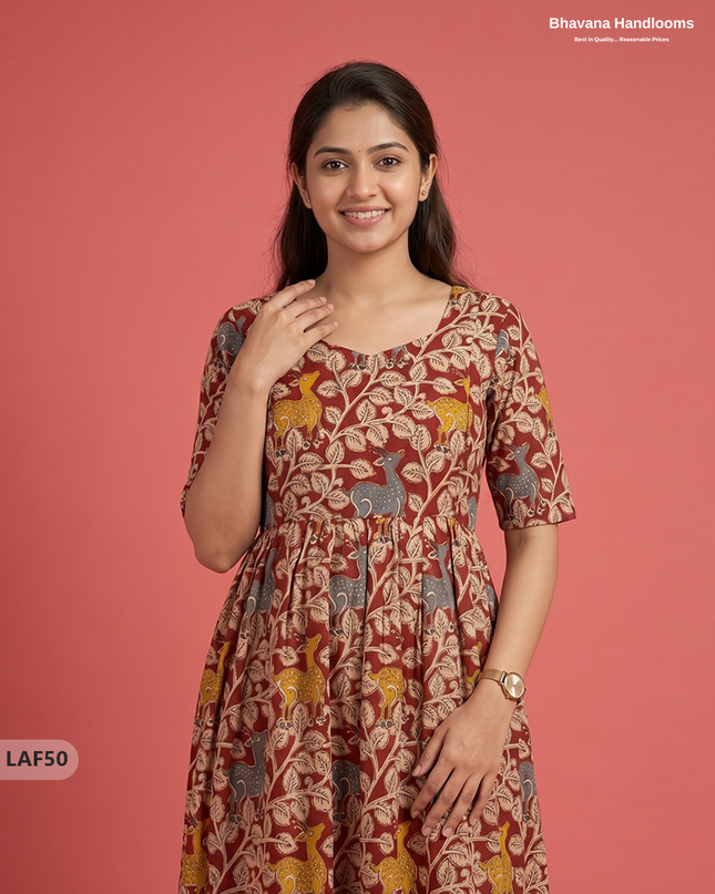 Feeding Frock with Kalamkari Design – Red Color | Invisible Zips | Half Lining Maternity Wearb