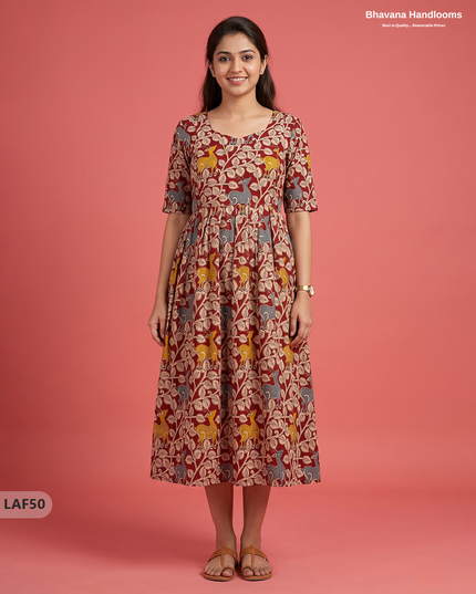 Feeding Frock with Kalamkari Design – Red Color | Invisible Zips | Half Lining Maternity Wearb