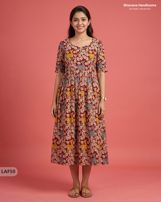 Feeding Frock with Kalamkari Design – Red Color | Invisible Zips | Half Lining Maternity Wearb