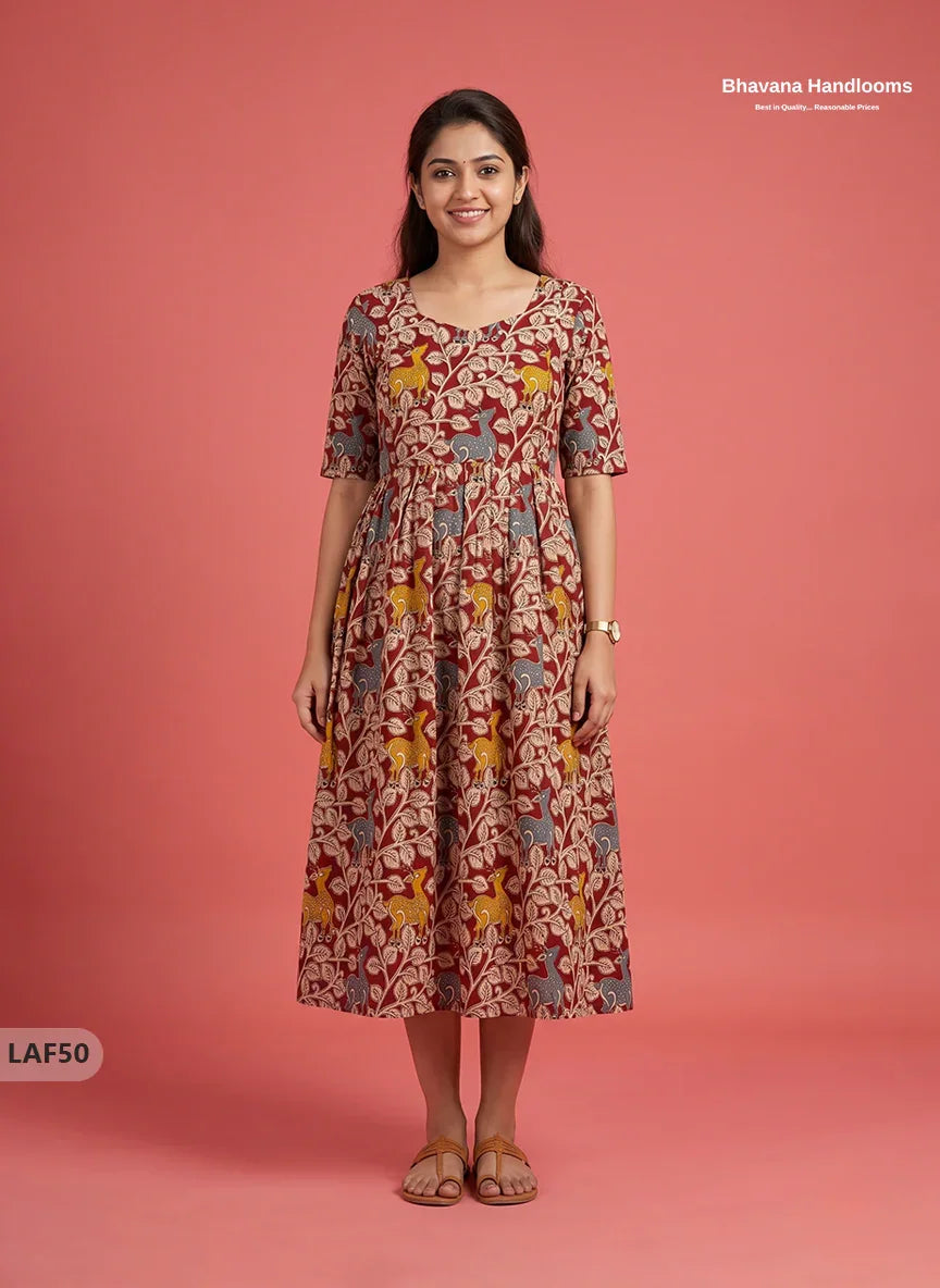 Feeding Frock with Kalamkari Design – Red Color | Invisible Zips | Half Lining Maternity Wearb