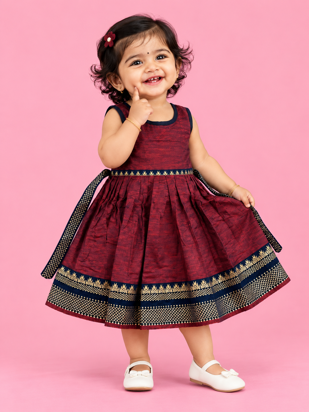 Maroon & Navy Border Baby Frock for Girls – 1 to 3 Years – photo 1