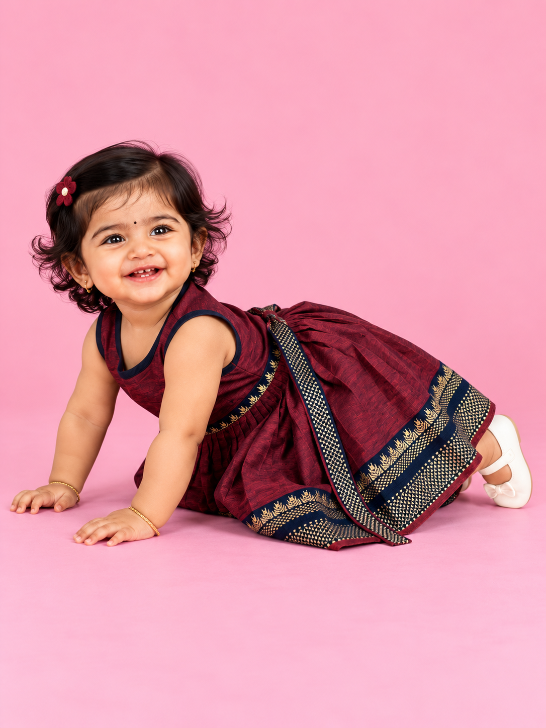 Maroon & Navy Border Baby Frock for Girls – 1 to 3 Years – photo 2