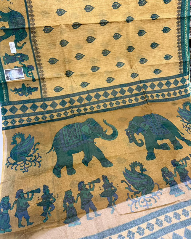Premium Meena Cotton Printed Saree in Mustard Yellow Colour | Elegant Traditional Ethnic Wear