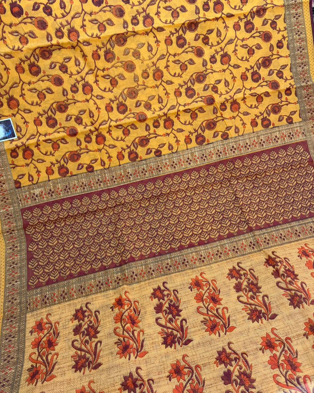 Premium Meena Cotton Printed Saree in Mustard Yellow Colour | Elegant Traditional Ethnic Wear