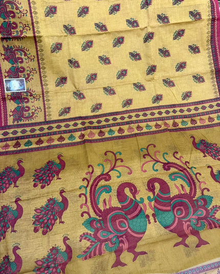 Premium Meena Cotton Printed Saree in Mustard Yellow Colour | Elegant Traditional Ethnic Wear