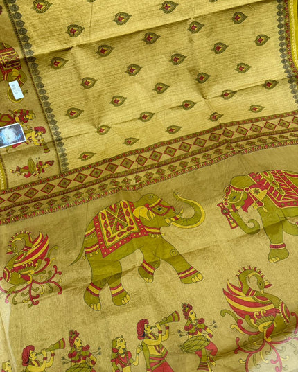Premium Meena Cotton Printed Saree in Warm Olive Gold Colour | Elegant Traditional Ethnic Wear