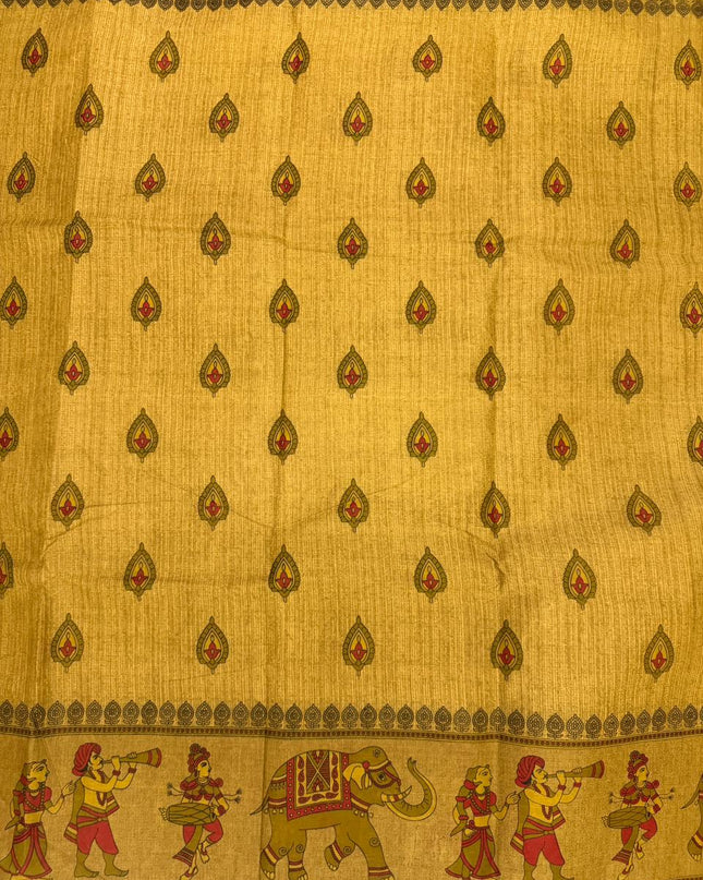 Premium Meena Cotton Printed Saree in Warm Olive Gold Colour | Elegant Traditional Ethnic Wear